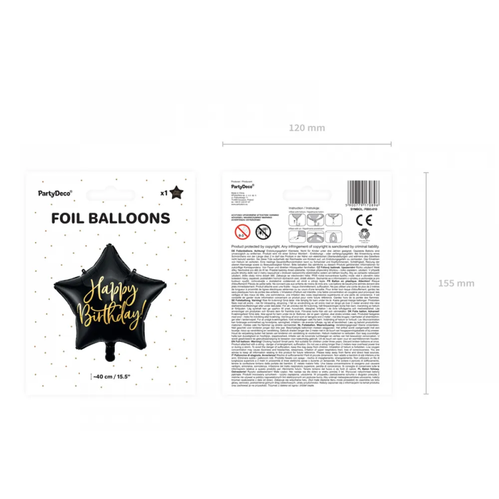 Balon Folie Happy Birthday Steluta Neagra cu scris Auriu 43cm PDC1040