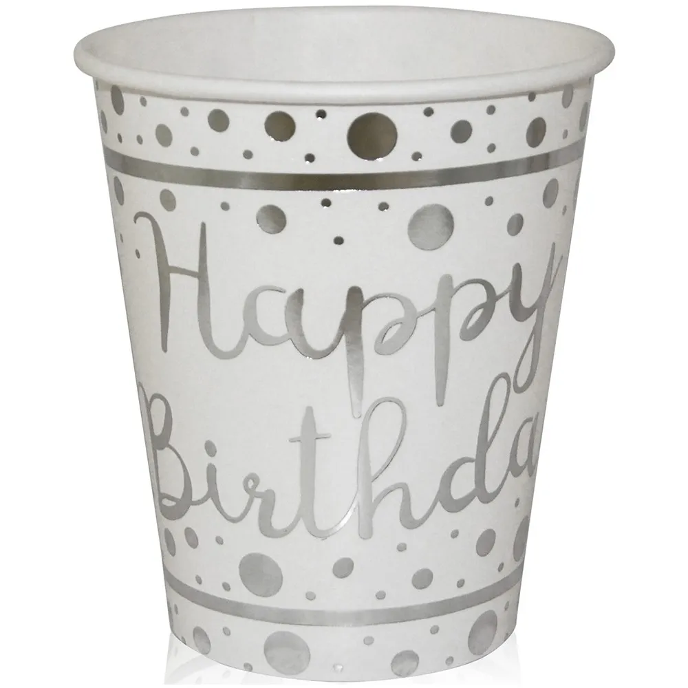 Set 6 Pahare Petrecere cu print Silver Happy Birthday