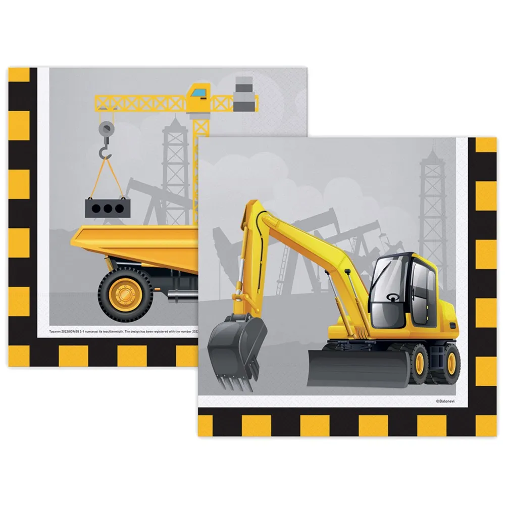 Set 16 Servetele petrecere cu print Utilaje Constructii