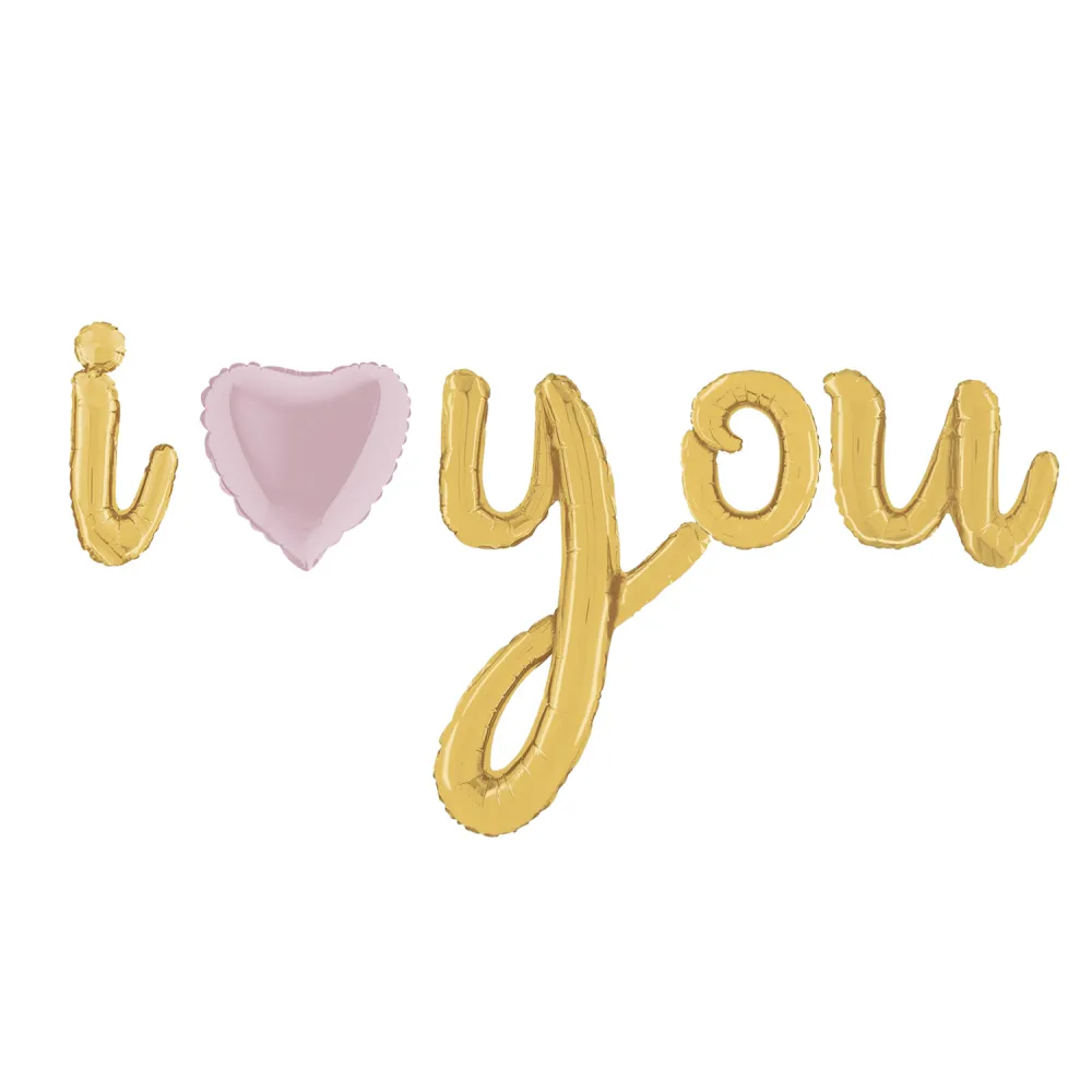 Baloane folie scris cursiv I Love You auriu cu inima roz