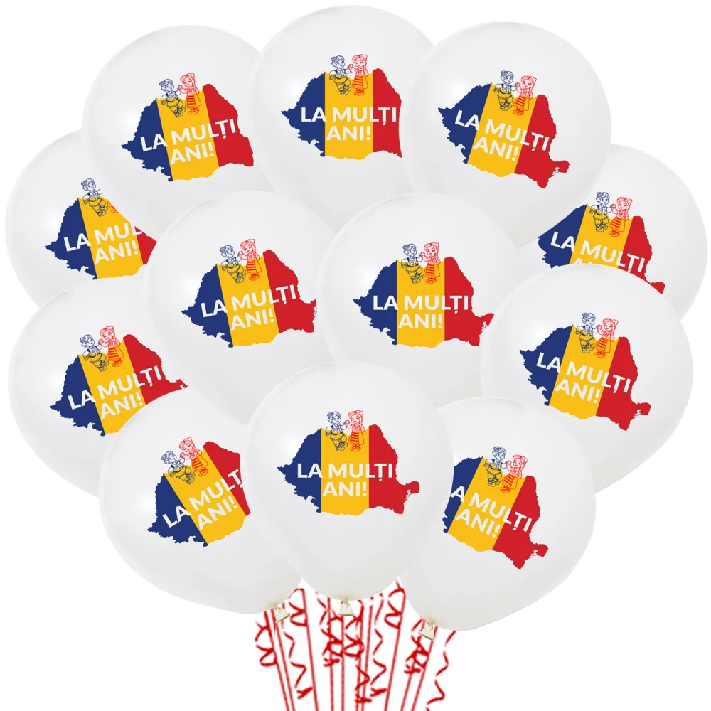Set 12 Baloane Latex 30 cm Albe cu Print Tricolor Romania 1
