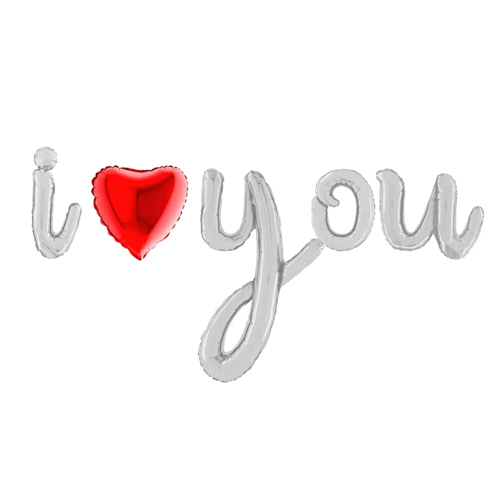 Baloane folie scris cursiv I Love You argintiu cu inima rosie