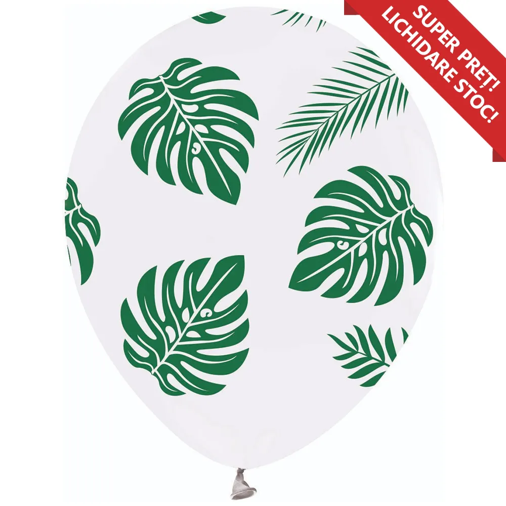Baloane latex 30cm Albe cu print Frunze Verzi - All Around