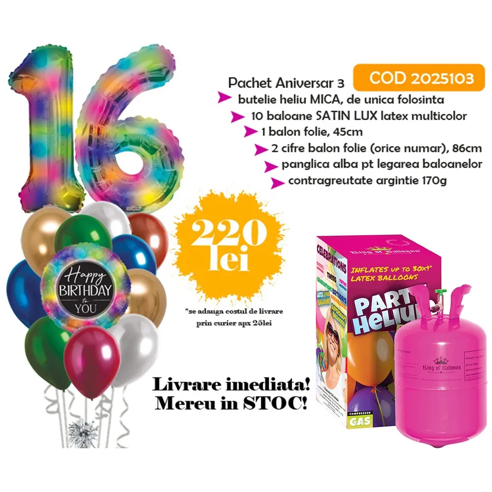 Pachet Baloane aniversare 3 + Butelie heliu MICA COD 2025103
