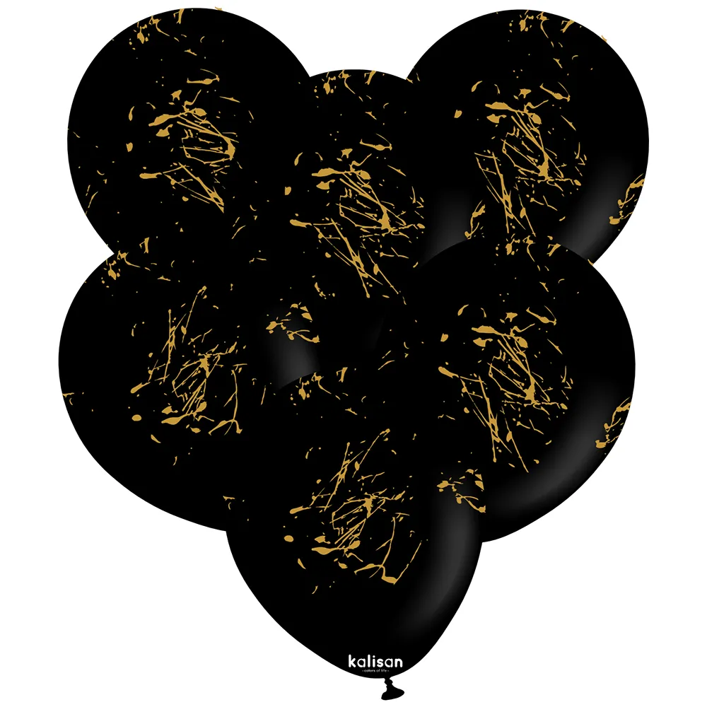 SET 25 Baloane latex 30cm Negre print Splatter Gold