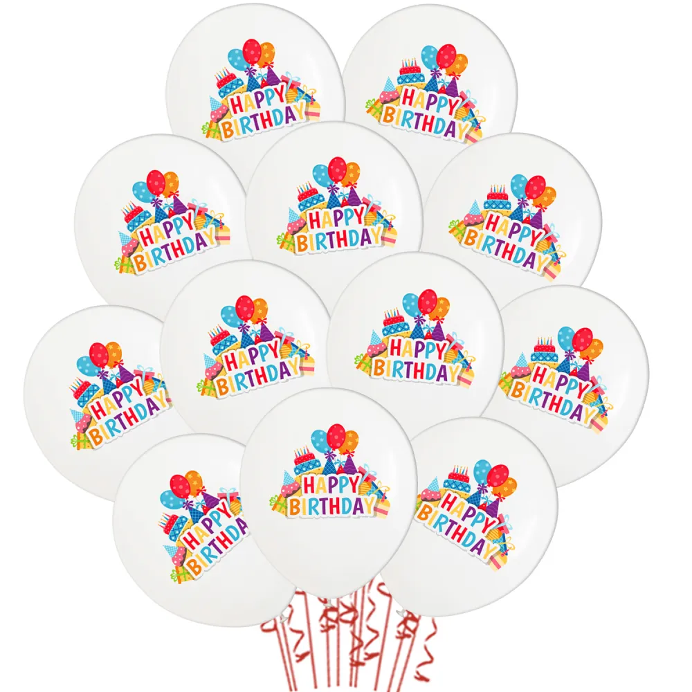 Set 12 Baloane 30cm Albe cu Print Color Happy Birthday