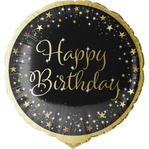 Balon Folie Happy Birthday Negru-Auriu cu Stelute 45cm